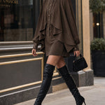 Chocolate high-neck mini dress with cape-style paneling