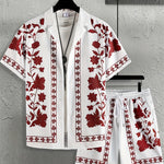 KZZ Men's ethnic-style patterned button-down shirt and shorts loungewear two-piece set