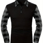 KZZ Men's Patchwork Plaid Print Half Zip Up Polo Shirt