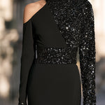 Elegant Black Asymmetrical Sequin-Paneled Midi Dress
