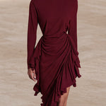 Burgundy midi evening gown with ruffles and an asymmetrical hem