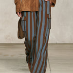 Retro Faux Suede Shirt And Vertical Striped Trousers Set