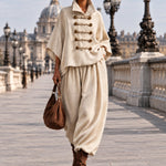 Oversized layered-collar toggle-fastening top and wide-leg trousers set