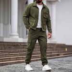 KZZ Men's Solid Color Pocket Button Front Shirt & Pants Two-Piece Set
