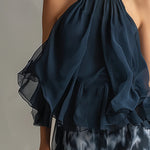 Navy Halter Neck Top And Printed Wide-leg Pants Chiffon Set