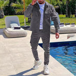 KZZ Men's Solid Button Pocket Lapel Neck Jacket & Drawstring Waist Cargo Pant Set