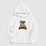 KZZ Men's Cartoon Bear Embroidered Drawstring Plush Hoodie, Casual Pocket Sweatshirt