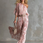 Retro Urban Style Pink Snake Print One-shoulder T-shirt And Wide-leg Pants Set