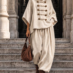 Oversized layered-collar toggle-fastening top and wide-leg trousers set