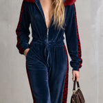 Casual dark blue faux-fur hooded velvet jumpsuit with leopard-print details