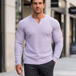 KZZ Men's Minimalist Waffle-Knit Long-Sleeve T-Shirt