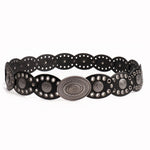 Oval stitching waist belt with large round pattern alloy buckle