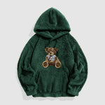 KZZ Men's Cartoon Bear Embroidered Drawstring Plush Hoodie, Casual Pocket Sweatshirt