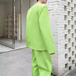 Collarless Casual Tie-up Suit Jacket and Slim-fit Trousers Two-piece Set