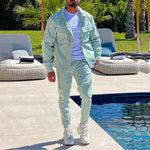 KZZ Men's Solid Button Pocket Lapel Neck Jacket & Drawstring Waist Cargo Pant Set