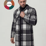 KZZ Men's plaid check long coat, with a buttoned lapel, loose fit