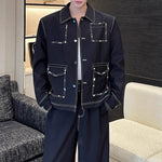 Handmade Gemstone Embellished Lapel Jacket and Wide-Leg Pants Two-Piece Set