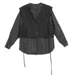 Women's Cropped V Neck Suit Vest Striped Lantern Sleeve Shirt Layered Two-piece Set