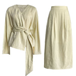 Women's V-Neck Tie-Waist Linen Shirt and Maxi Skirt Two-Piece Set