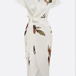 White Leaf Short Sleeve Satin Wrap Sheath Midi Dress
