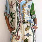 Unique Deep Sea Floral Print Loose Shirt and Pants Set