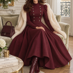 Retro Burgundy Stand Collar Puff Sleeve Maxi Dress with Double-Breasted Button