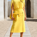 Yellow High Neck Pleated Cape Sleeve Top & High Waist Midi Skirt 2 Piece Set