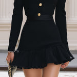 Elegant Black Ribbed Knitted Mini Skirt With Gold Buckle Ruffle Hem
