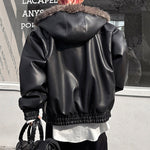 Winter Faux Fur Reversible Hooded Leather Coat