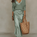 Elegant Knitted Pullover Top and Satin Midi Skirt Set