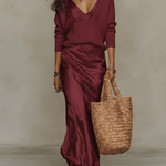 Elegant Knitted Pullover Top and Satin Midi Skirt Set