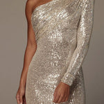 One-shoulder Wrapped Sequins Evening Dress
