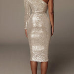 One-shoulder Wrapped Sequins Evening Dress