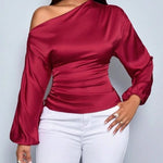 Women's Asymmetrical Long-Sleeved Satin Blouse with Slanted Collar