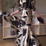Elegant Satin Printed Cropped Jacket & Mermaid Maxi Skirt Set