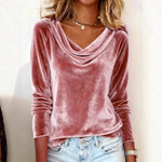 Solid Color Duffle Neck Long Sleeve Sexy Velvet T-Shirt