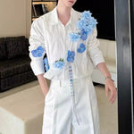 3D Blue Handmade Floral Long-Sleeved Shirt
