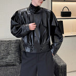 Stand Collar Pleated Short Leather Jacket