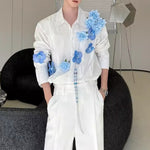 3D Blue Handmade Floral Long-Sleeved Shirt