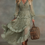 Vintage And Elegant V-neck Ruffled Leopard Print Chiffon Midi Dress