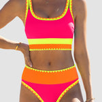 Color Contrast Patchwork Nylon Sporty 3 Piece Bikini Sets