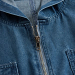 Casual Loose Retro Pocket Long Sleeve Hooded Zipper Denim Jumpsuit