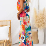 Sleeveless Tie Neck Waisted Floral Print Maxi Dress