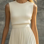 Elegant Casual And Comfortable Cream Knitted Chiffon Pleated Hem Maxi Dress
