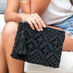 Diamond Pattern Macrame Tassel Clutch