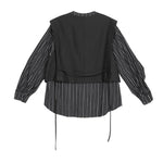 Women's Cropped V Neck Suit Vest Striped Lantern Sleeve Shirt Layered Two-piece Set