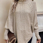 Alexis | High Neck Batwing Poncho Sweater, Asymmetrical Cable Knit Pullover