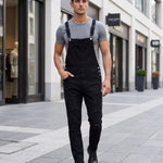 KZZ Men's Solid-Color Distressed Denim Overalls with Pockets