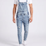 KZZ Men's Solid-Color Distressed Denim Overalls with Pockets