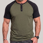KZZ Men's Lightweight Summer Color-Block Henley T-Shirt with Raglan Sleeves and Button Placket